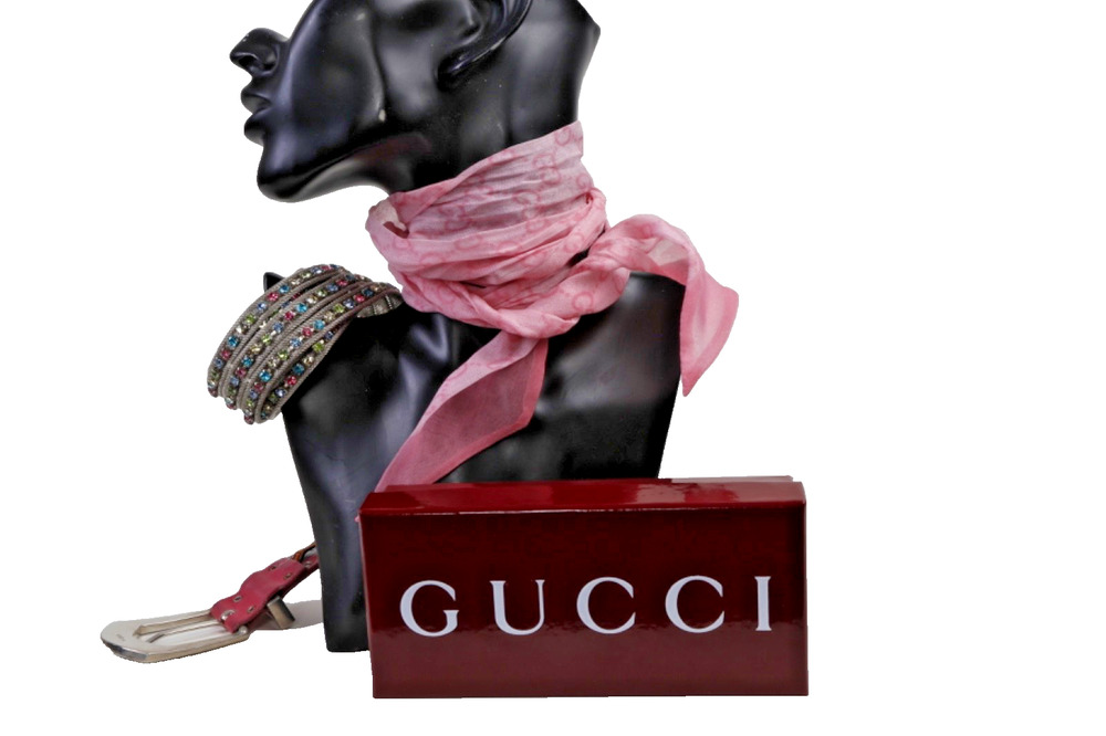 Gucci Pink Monogram GG Silk Chiffon Bandanna Neck Scarf Twilly Box